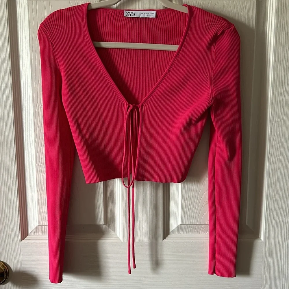 Zara Women’s Fuchsia Summer Ribbed‎ Cropped Tie Top Size Med NWOT
